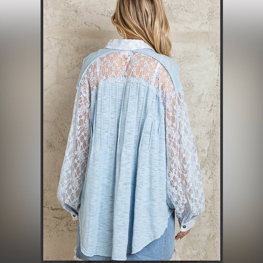 POL Light Blue Lace Sleeve Button-Front Blouse - Picture 3 of 5